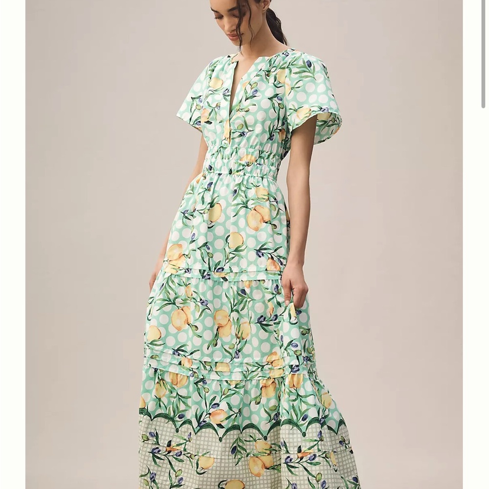 Anthropologie Green and Yellow Floral Maxi Dress